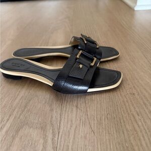 Gucci Black Leather Buckle Slide Sandals Square Toe Heel EU 37